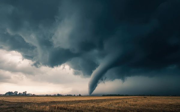 Powerful tornado forming under a stormy sky over open rural farmland