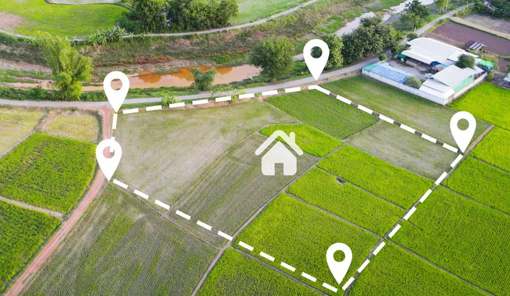 Aerial view of a marked-out home lot ready to build on
