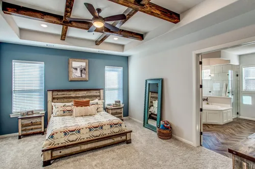 Master Bedroom Wood Beam Ceiling — custom home by Open Prairie (The Retreat · Aledo)