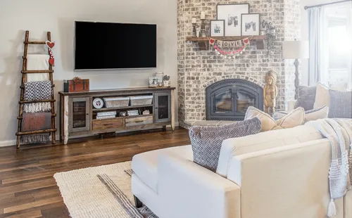 Living Room Brick Fireplace — custom home by Open Prairie (Other Builds · Selected work)