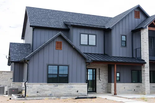 Exterior Front Side Hvac — custom home by Open Prairie (The Barndominium · Graford)