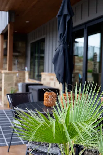 Back Patio Plants Outdoor Seating — custom home by Open Prairie (The Estate · Graford)