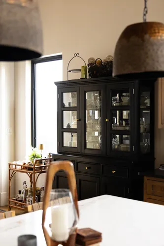 Dining Room China Cabinet Bar Cart — custom home by Open Prairie (The Estate · Graford)