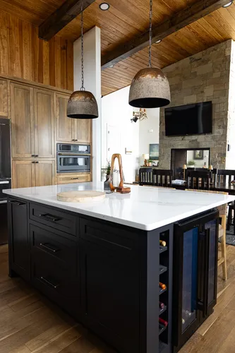 Kitchen Island Wine Fridge — custom home by Open Prairie (The Estate · Graford)