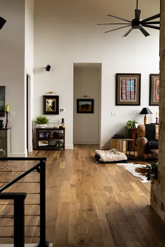 Living Room Hardwood Floor Wide — custom home by Open Prairie (The Estate · Graford)