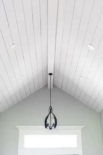 Entryway Shiplap Vaulted Ceiling — custom home by Open Prairie (The Lakehouse · Graford)