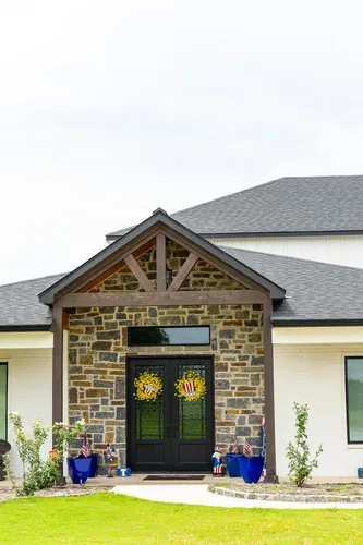 Exterior Entry Gable Closeup — custom home by Open Prairie (The Lakehouse · Graford)