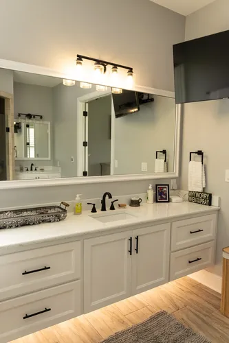 Master Bath Vanity Mirror — custom home by Open Prairie (The Lakehouse · Graford)