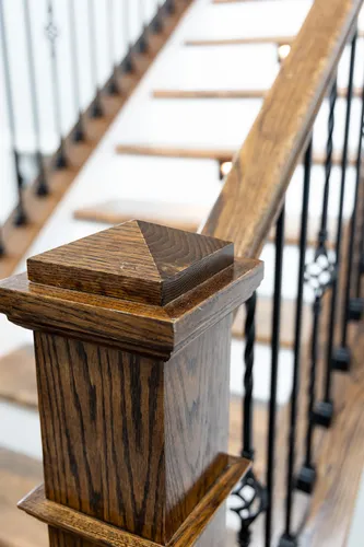 Staircase Newel Post Detail — custom home by Open Prairie (The Lakehouse · Graford)
