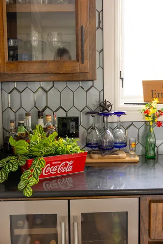 Upstairs Bar Backsplash Detail — custom home by Open Prairie (The Lakehouse · Graford)