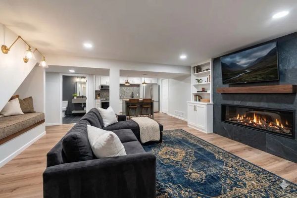 Finished Texas basement living space in an Open Prairie custom home